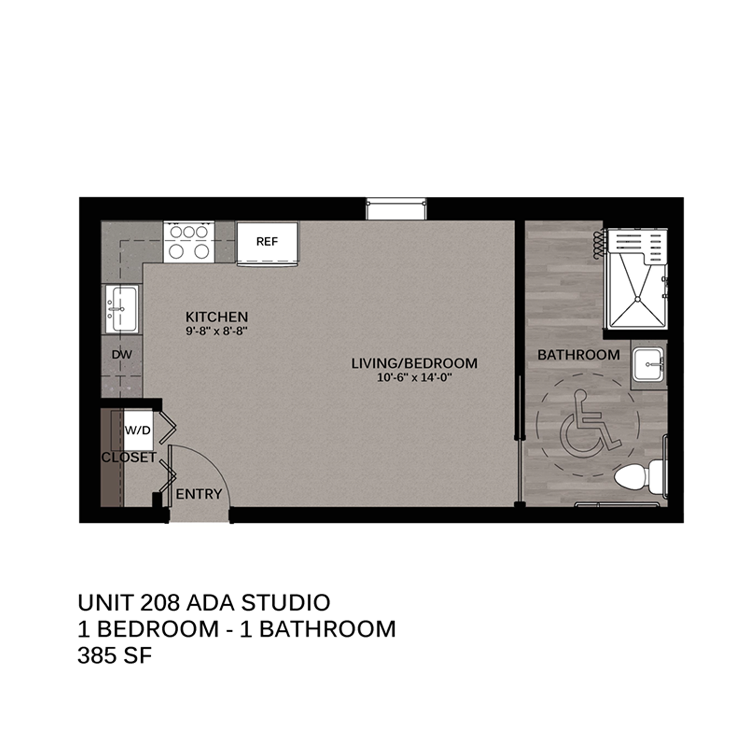 Floor plan for studio, 1 bath, 414 sqft
